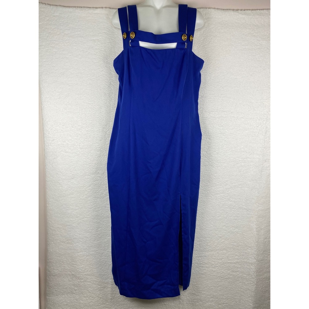 FWNY Vintage 90s Royal Blue Sheath Dress Gold Button Double Strap Size 18